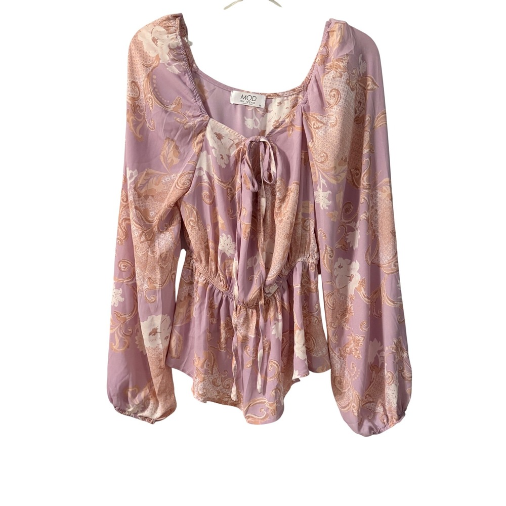 Mod On Trend Lavender Floral Paisley Peplum Tie Front Blouse T11043-1 Medium
